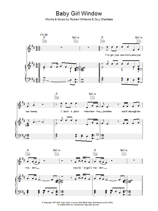 Robbie Williams Baby Girl Window Sheet Music Notes & Chords for Piano, Vocal & Guitar (Right-Hand Melody) - Download or Print PDF