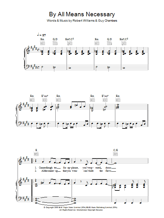 Robbie Williams By All Means Necessary Sheet Music Notes & Chords for Piano, Vocal & Guitar (Right-Hand Melody) - Download or Print PDF