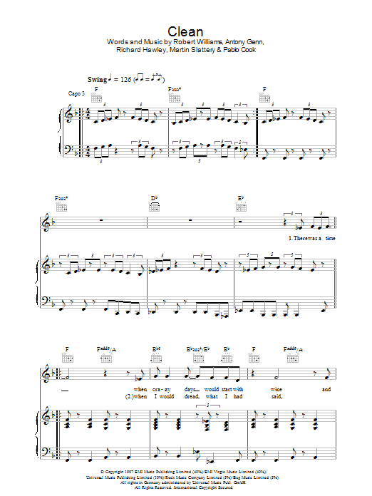 Robbie Williams Clean Sheet Music Notes & Chords for Piano, Vocal & Guitar (Right-Hand Melody) - Download or Print PDF