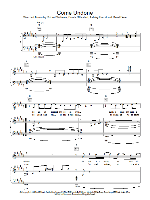 Robbie Williams Come Undone Sheet Music Notes & Chords for Piano, Vocal & Guitar - Download or Print PDF