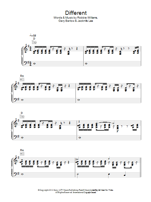 Robbie Williams Different Sheet Music Notes & Chords for Piano, Vocal & Guitar (Right-Hand Melody) - Download or Print PDF