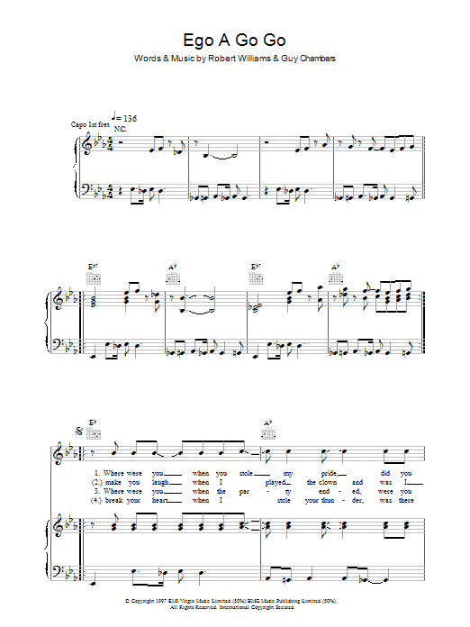 Robbie Williams Ego A Go Go Sheet Music Notes & Chords for Piano, Vocal & Guitar (Right-Hand Melody) - Download or Print PDF