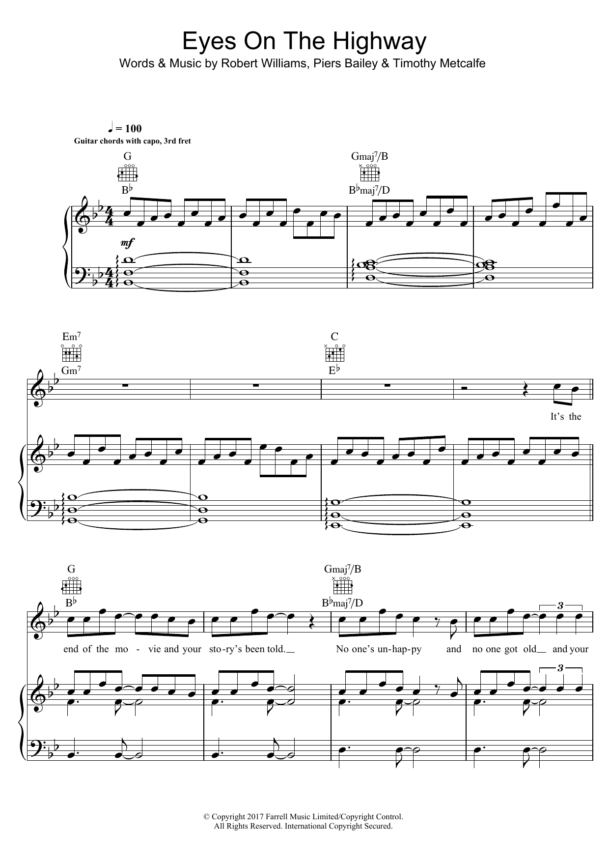 Robbie Williams Eyes On The Highway Sheet Music Notes & Chords for Piano, Vocal & Guitar (Right-Hand Melody) - Download or Print PDF