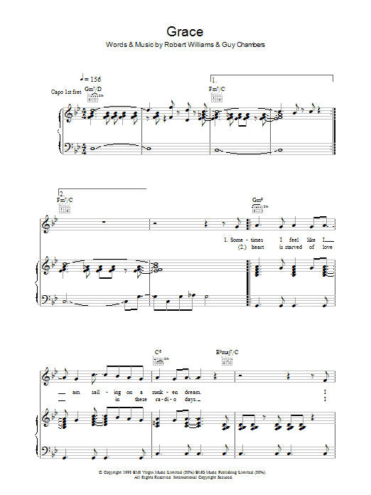 Robbie Williams Grace Sheet Music Notes & Chords for Piano, Vocal & Guitar (Right-Hand Melody) - Download or Print PDF