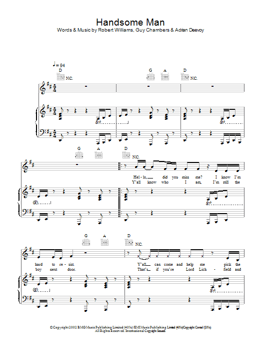 Robbie Williams Handsome Man Sheet Music Notes & Chords for Piano, Vocal & Guitar - Download or Print PDF