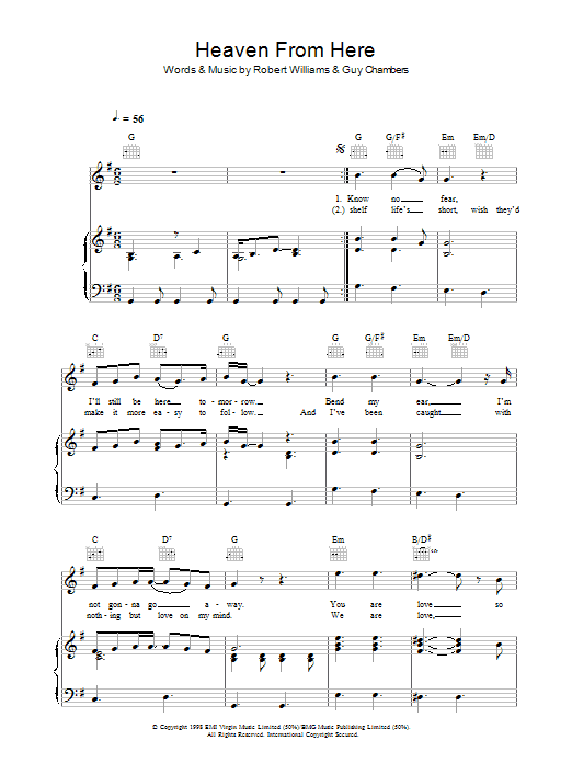 Robbie Williams Heaven From Here Sheet Music Notes & Chords for Piano, Vocal & Guitar (Right-Hand Melody) - Download or Print PDF