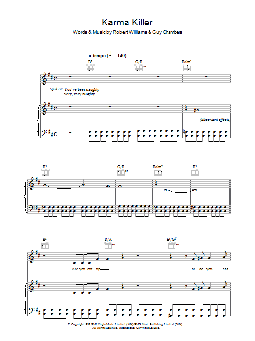 Robbie Williams Karma Killer Sheet Music Notes & Chords for Piano, Vocal & Guitar (Right-Hand Melody) - Download or Print PDF