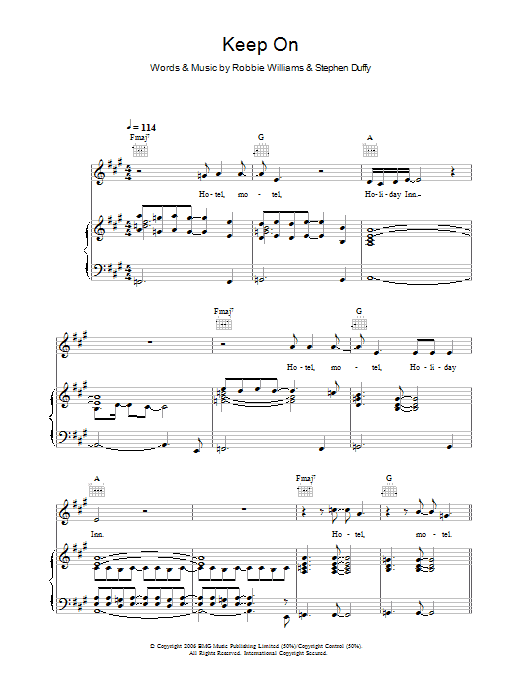 Robbie Williams Keep On Sheet Music Notes & Chords for Piano, Vocal & Guitar - Download or Print PDF