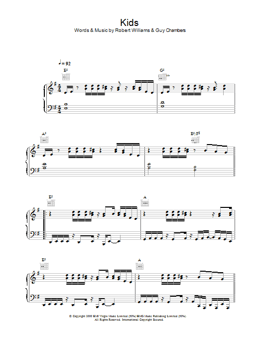 Robbie Williams Kids Sheet Music Notes & Chords for Piano, Vocal & Guitar - Download or Print PDF