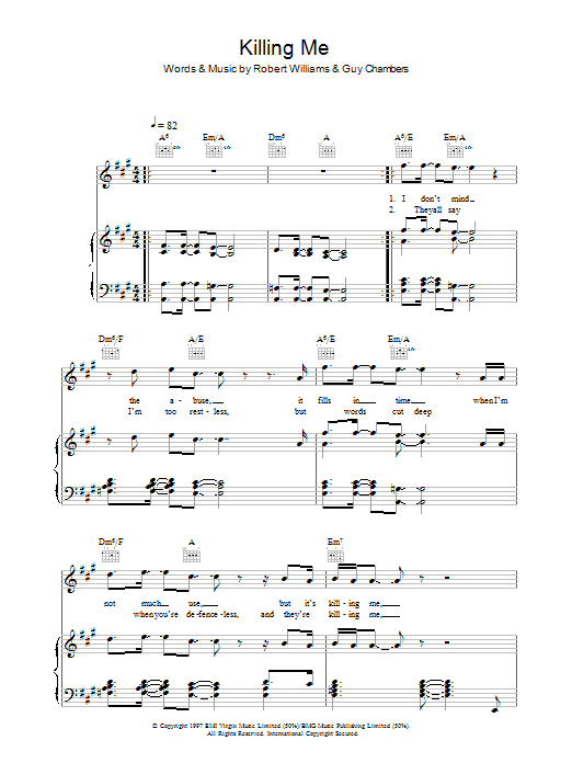 Robbie Williams Killing Me Sheet Music Notes & Chords for Piano, Vocal & Guitar (Right-Hand Melody) - Download or Print PDF