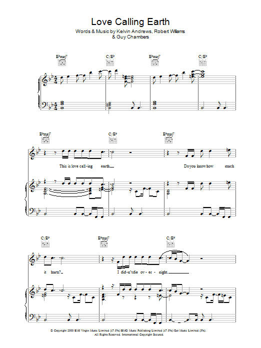 Robbie Williams Love Calling Earth Sheet Music Notes & Chords for Piano, Vocal & Guitar (Right-Hand Melody) - Download or Print PDF