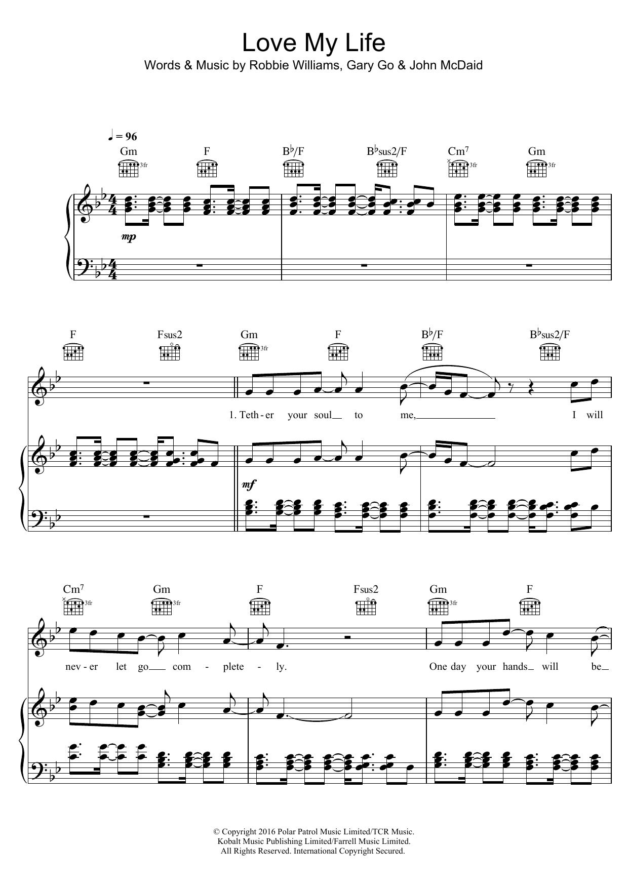 Robbie Williams Love My Life Sheet Music Notes & Chords for Piano, Vocal & Guitar (Right-Hand Melody) - Download or Print PDF