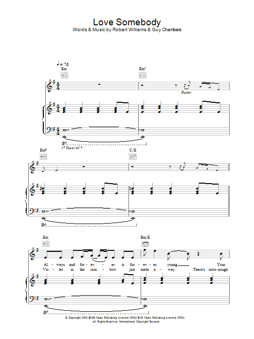 Robbie Williams Love Somebody Sheet Music Notes & Chords for Piano, Vocal & Guitar - Download or Print PDF