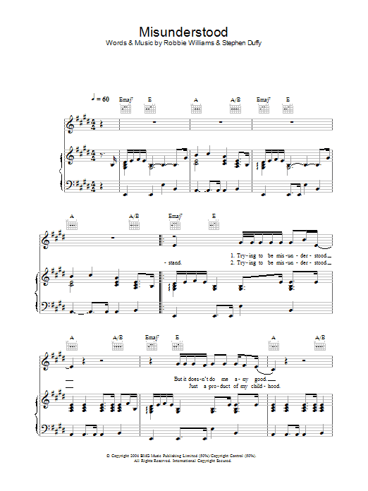 Robbie Williams Misunderstood Sheet Music Notes & Chords for Piano, Vocal & Guitar - Download or Print PDF