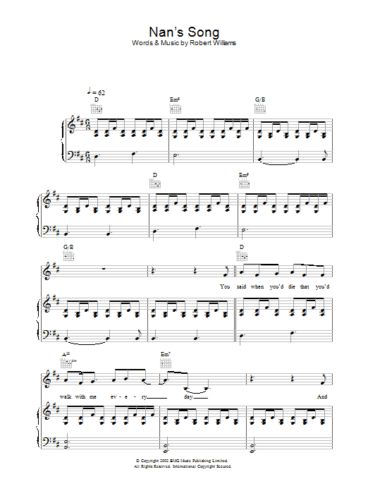 Robbie Williams Nan's Song Sheet Music Notes & Chords for Piano, Vocal & Guitar - Download or Print PDF