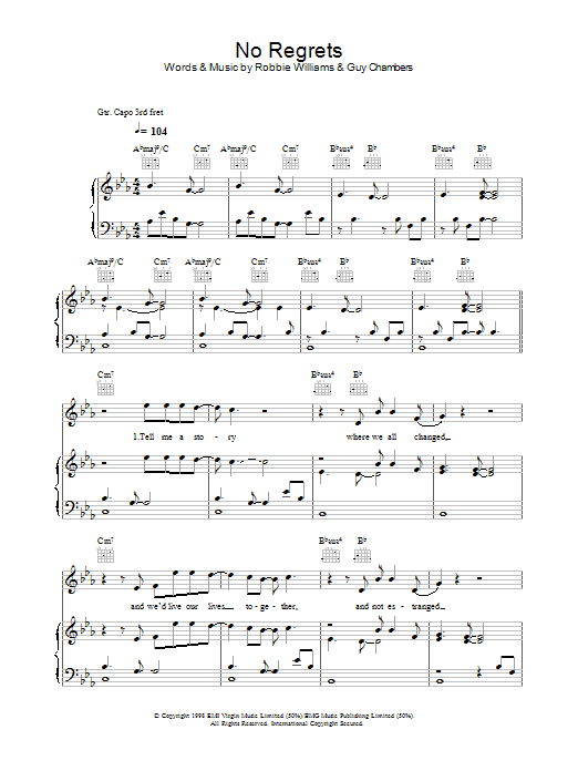 Robbie Williams No Regrets Sheet Music Notes & Chords for Piano, Vocal & Guitar (Right-Hand Melody) - Download or Print PDF