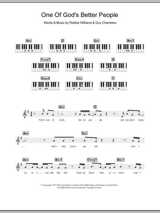 Robbie Williams One Of God's Better People Sheet Music Notes & Chords for Piano, Vocal & Guitar (Right-Hand Melody) - Download or Print PDF