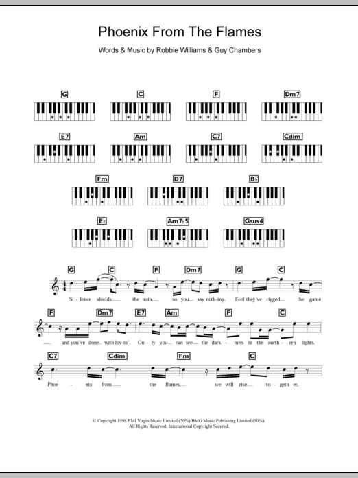 Robbie Williams Phoenix From The Flames Sheet Music Notes & Chords for Piano, Vocal & Guitar (Right-Hand Melody) - Download or Print PDF