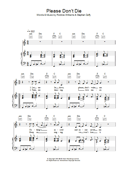 Robbie Williams Please Don't Die Sheet Music Notes & Chords for Piano, Vocal & Guitar (Right-Hand Melody) - Download or Print PDF