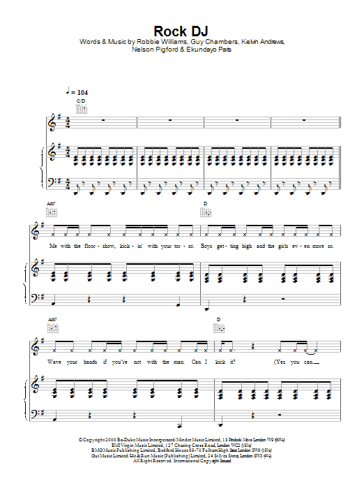 Robbie Williams Rock DJ Sheet Music Notes & Chords for Piano, Vocal & Guitar - Download or Print PDF