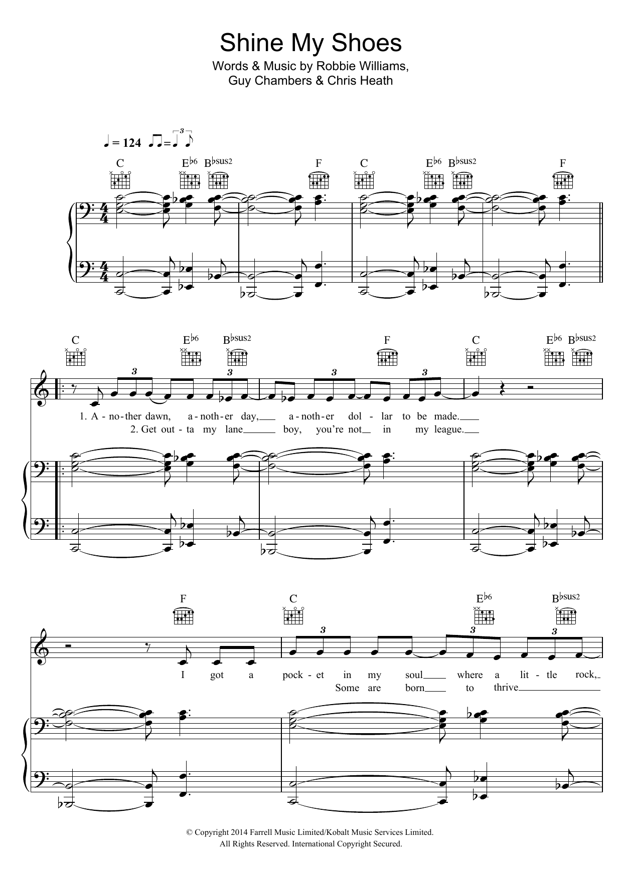 Robbie Williams Shine My Shoes Sheet Music Notes & Chords for Piano, Vocal & Guitar (Right-Hand Melody) - Download or Print PDF