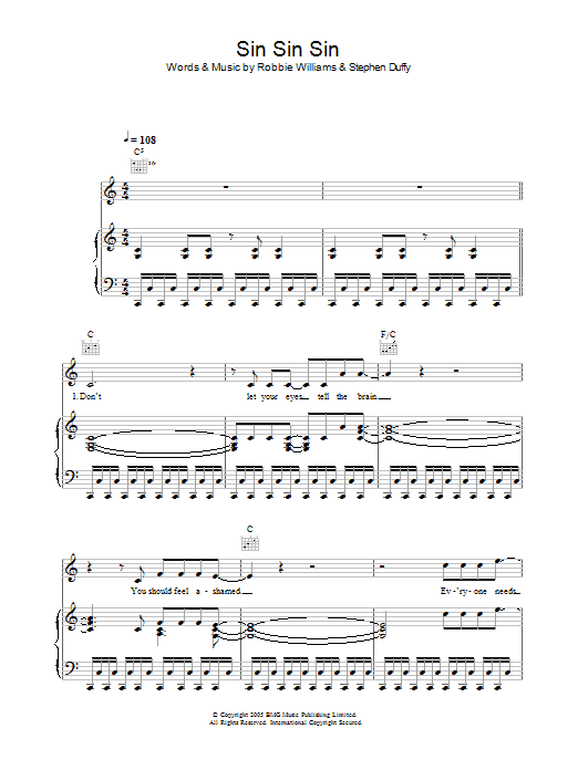 Robbie Williams Sin Sin Sin Sheet Music Notes & Chords for Piano, Vocal & Guitar (Right-Hand Melody) - Download or Print PDF