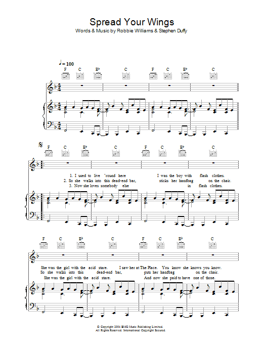 Robbie Williams Spread Your Wings Sheet Music Notes & Chords for Piano, Vocal & Guitar (Right-Hand Melody) - Download or Print PDF