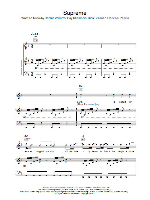 Robbie Williams Supreme Sheet Music Notes & Chords for Piano, Vocal & Guitar - Download or Print PDF
