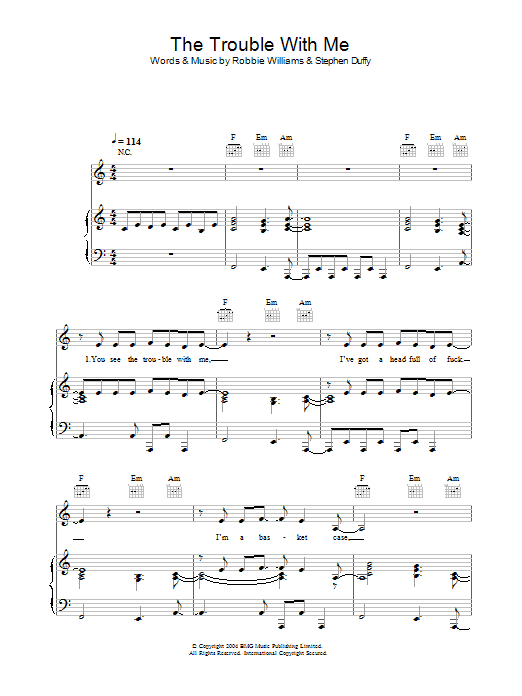 Robbie Williams The Trouble With Me Sheet Music Notes & Chords for Piano, Vocal & Guitar (Right-Hand Melody) - Download or Print PDF