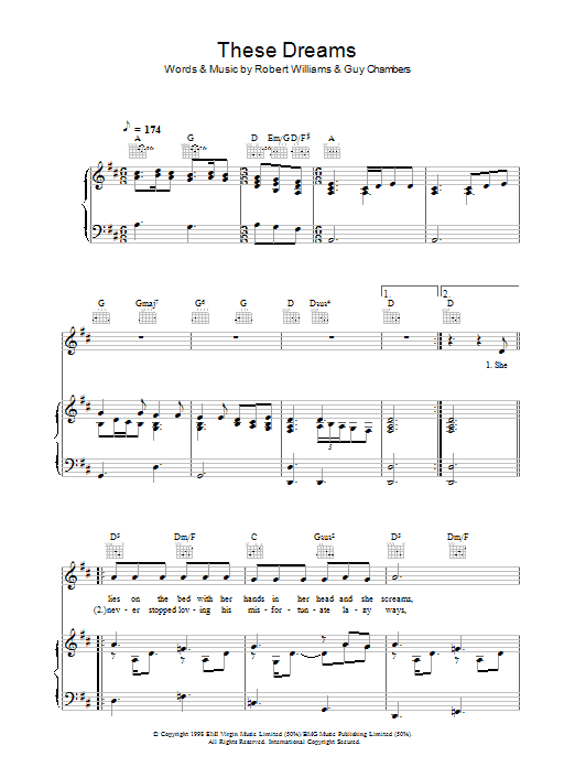 Robbie Williams These Dreams Sheet Music Notes & Chords for Piano, Vocal & Guitar (Right-Hand Melody) - Download or Print PDF
