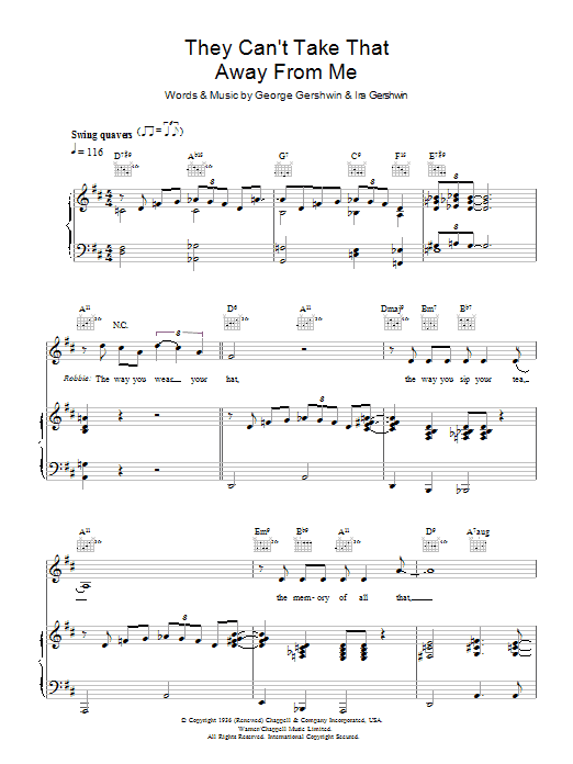 Robbie Williams They Can't Take That Away From Me Sheet Music Notes & Chords for Piano, Vocal & Guitar - Download or Print PDF