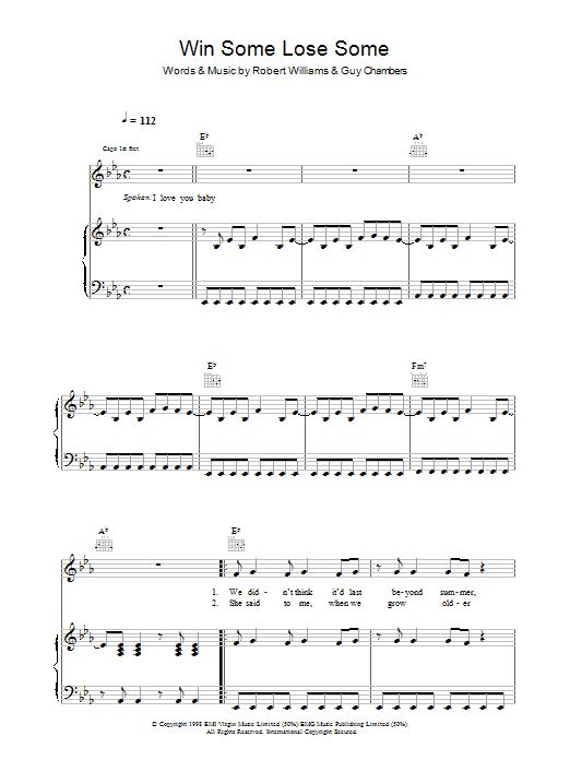 Robbie Williams Win Some Lose Some Sheet Music Notes & Chords for Piano, Vocal & Guitar (Right-Hand Melody) - Download or Print PDF