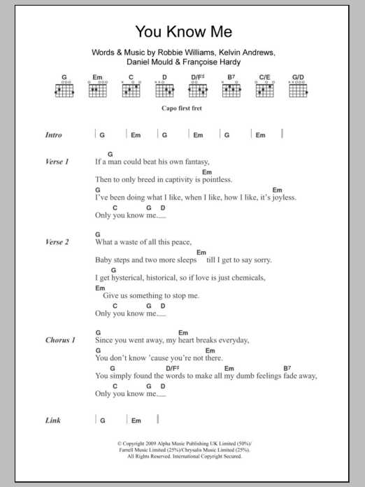 Robbie Williams You Know Me Sheet Music Notes & Chords for Lyrics & Chords - Download or Print PDF