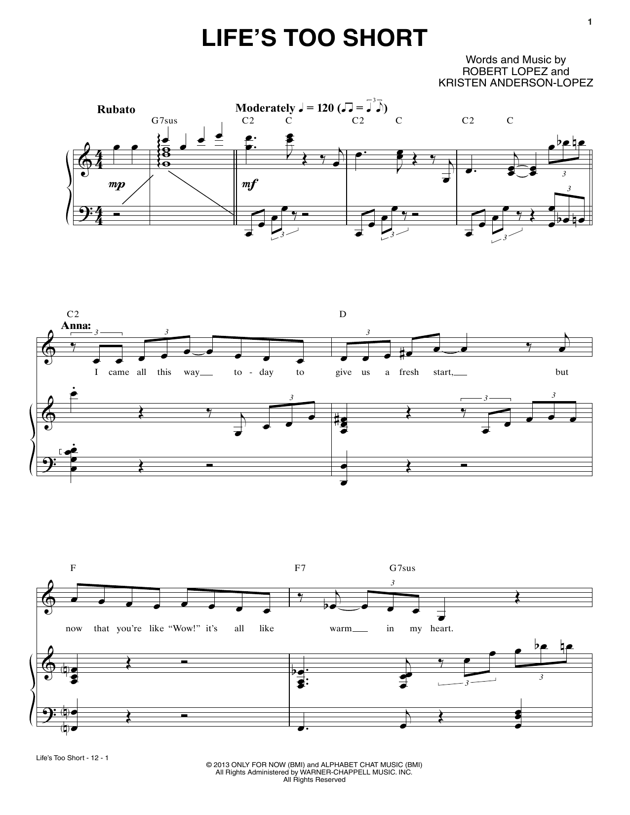 Robert & Kristen Anderson-Lopez Life's Too Short Sheet Music Notes & Chords for Piano & Vocal - Download or Print PDF