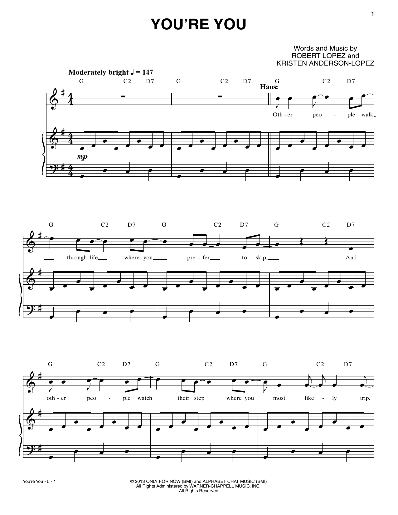 Robert & Kristen Anderson-Lopez You're You Sheet Music Notes & Chords for Piano & Vocal - Download or Print PDF