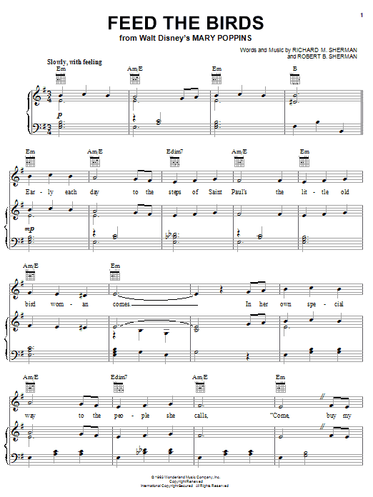 Sherman Brothers Feed The Birds Sheet Music Notes & Chords for Piano & Vocal - Download or Print PDF