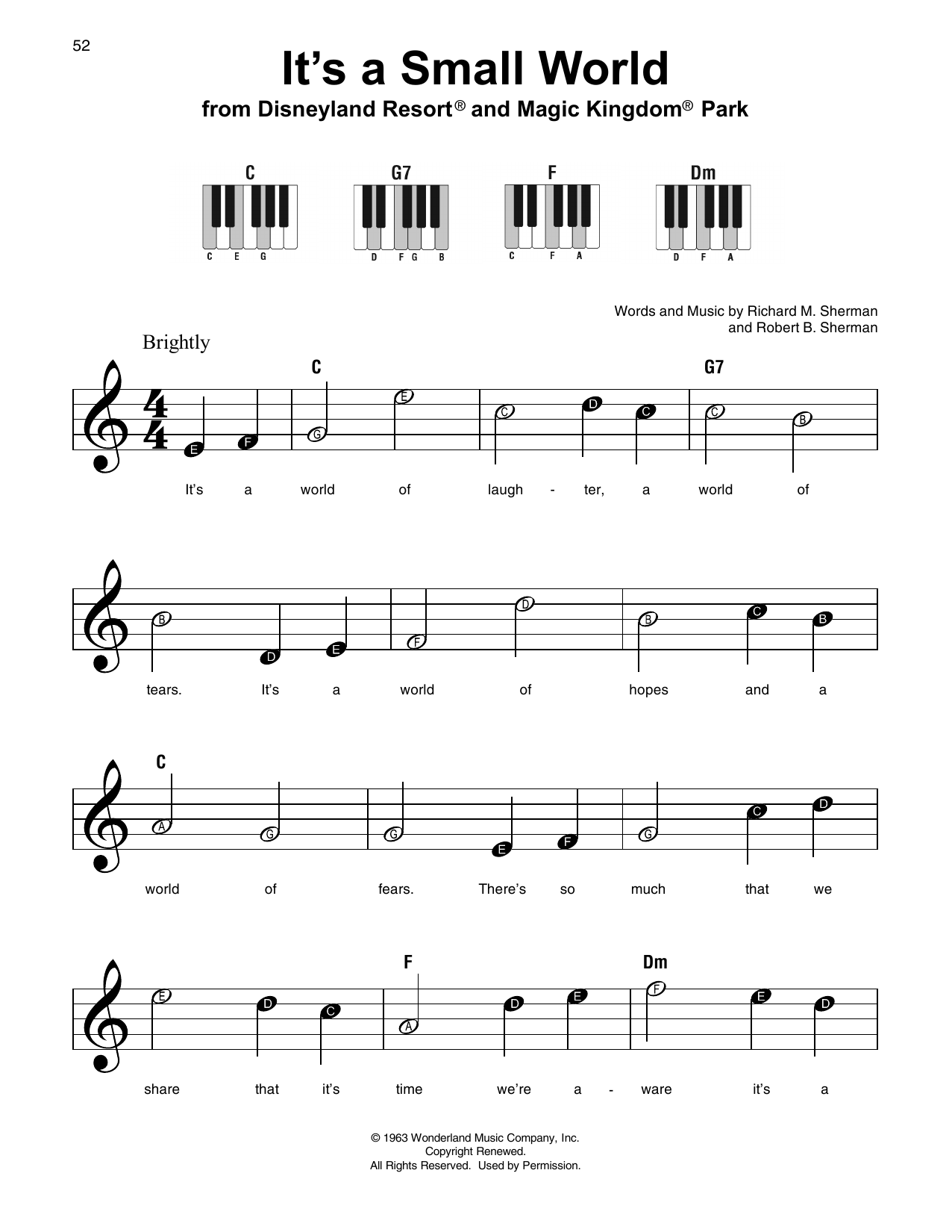 Sherman Brothers It's A Small World Sheet Music Notes & Chords for Easy Piano - Download or Print PDF