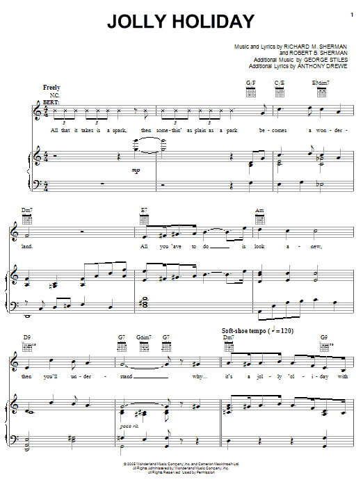 Sherman Brothers Jolly Holiday Sheet Music Notes & Chords for Piano, Vocal & Guitar (Right-Hand Melody) - Download or Print PDF
