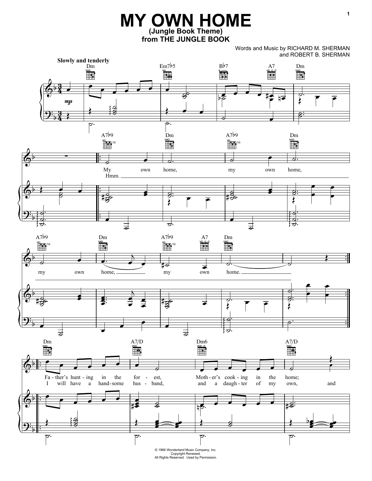 Sherman Brothers My Own Home (Jungle Book Theme) Sheet Music Notes & Chords for Piano, Vocal & Guitar Chords (Right-Hand Melody) - Download or Print PDF