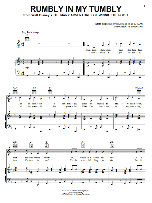 Sherman Brothers Rumbly In My Tumbly Sheet Music Notes & Chords for Piano, Vocal & Guitar (Right-Hand Melody) - Download or Print PDF