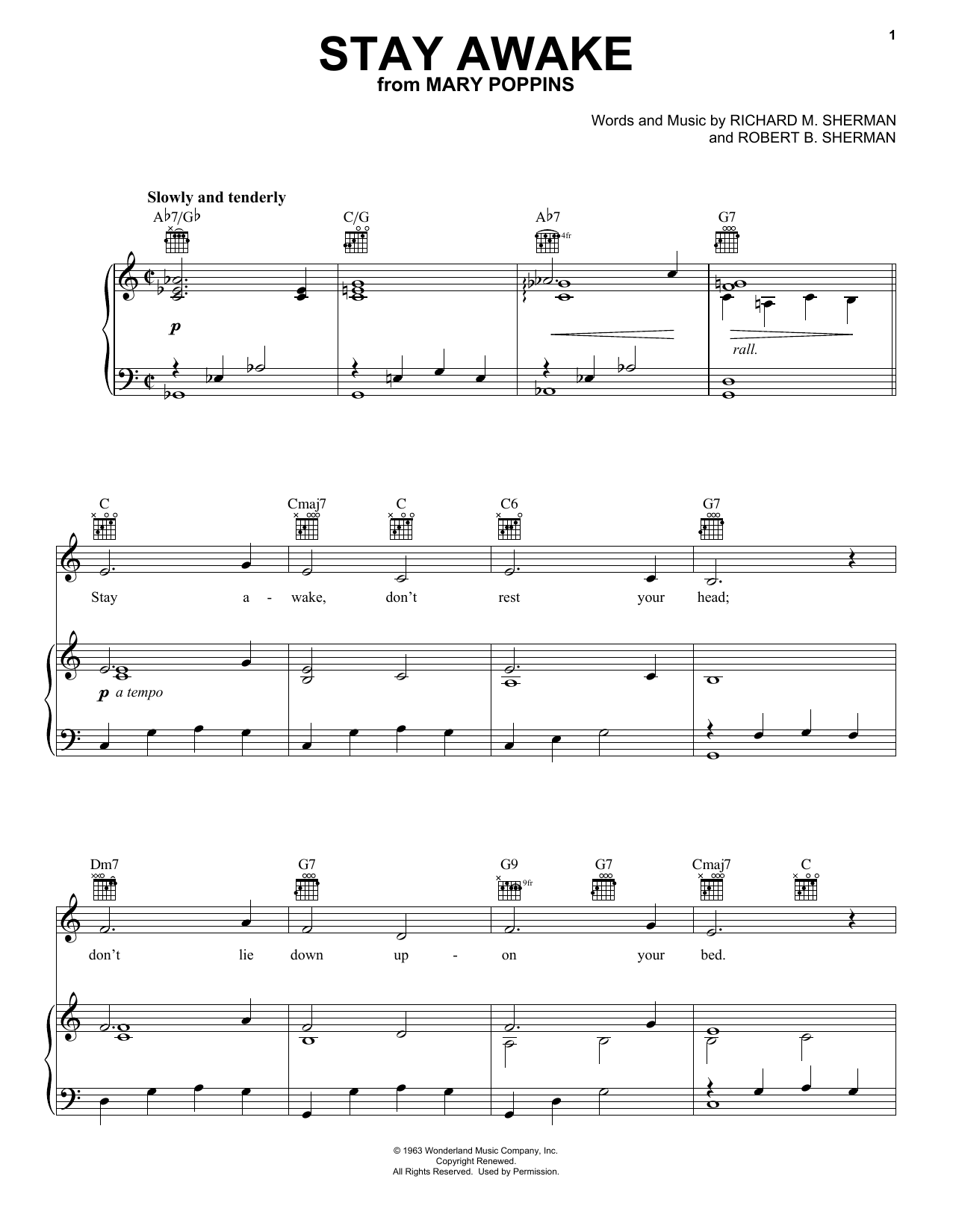 Sherman Brothers Stay Awake (from Mary Poppins) Sheet Music Notes & Chords for Piano, Vocal & Guitar Chords (Right-Hand Melody) - Download or Print PDF