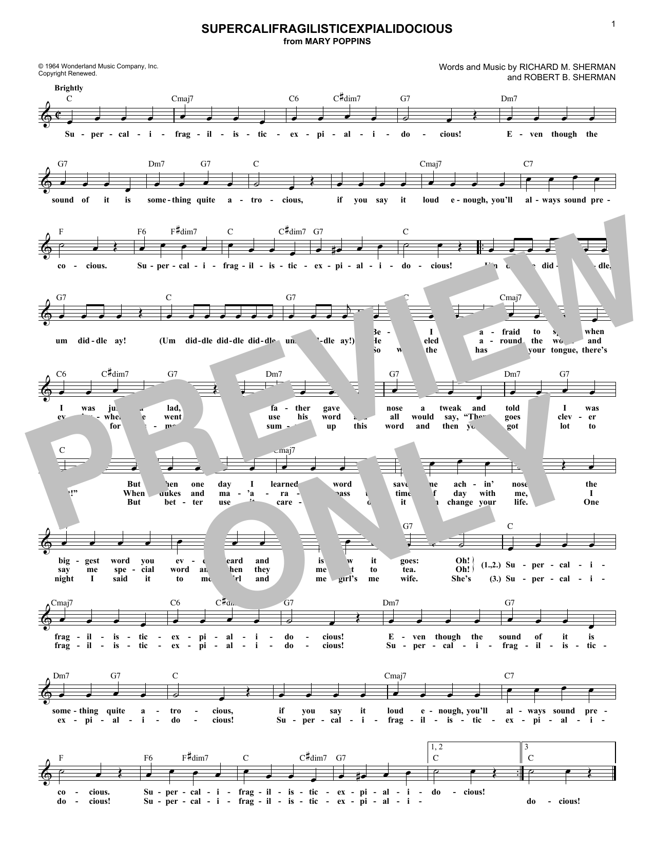 Sherman Brothers Supercalifragilisticexpialidocious (from Mary Poppins) Sheet Music Notes & Chords for Lead Sheet / Fake Book - Download or Print PDF