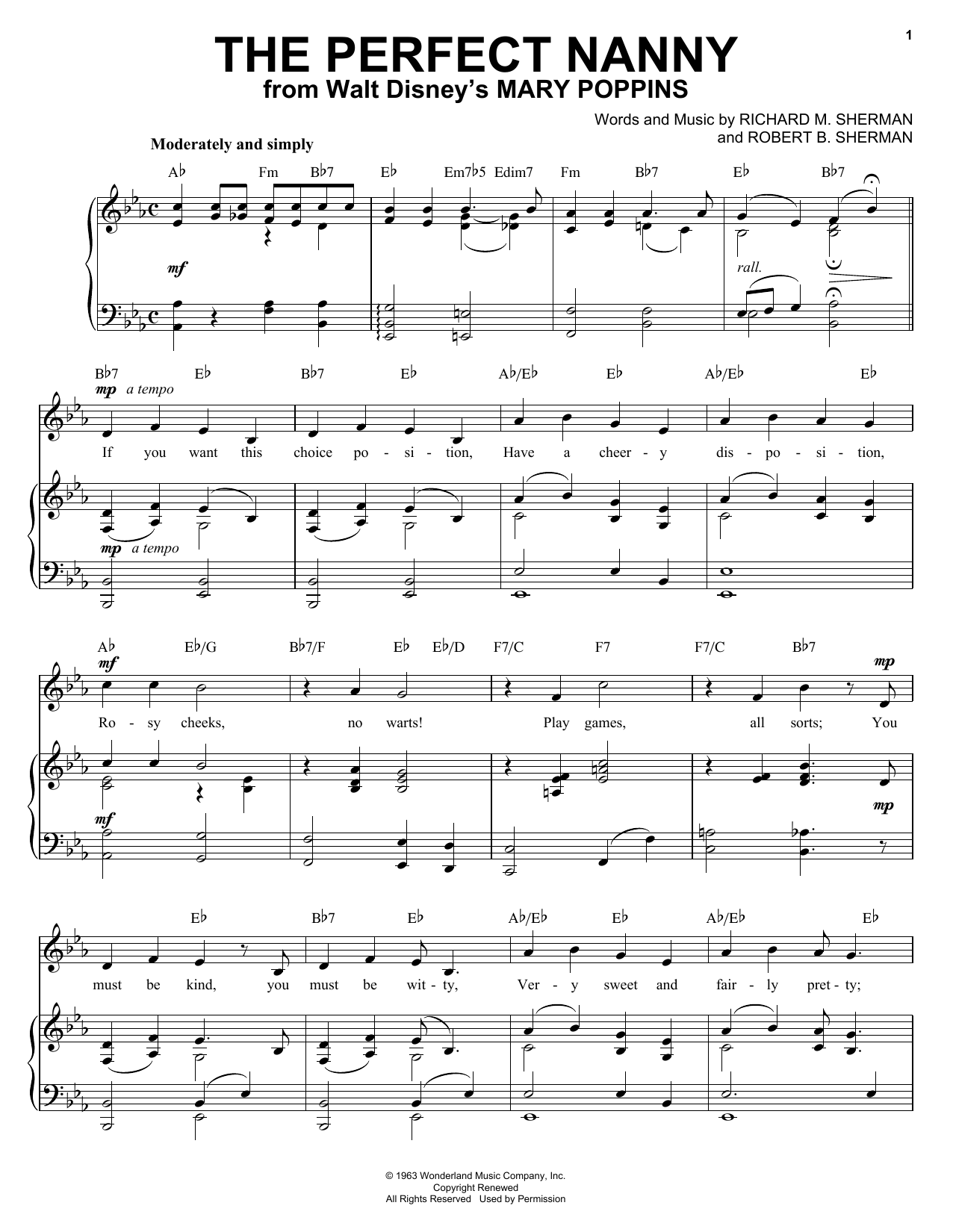 Sherman Brothers The Perfect Nanny Sheet Music Notes & Chords for Piano & Vocal - Download or Print PDF