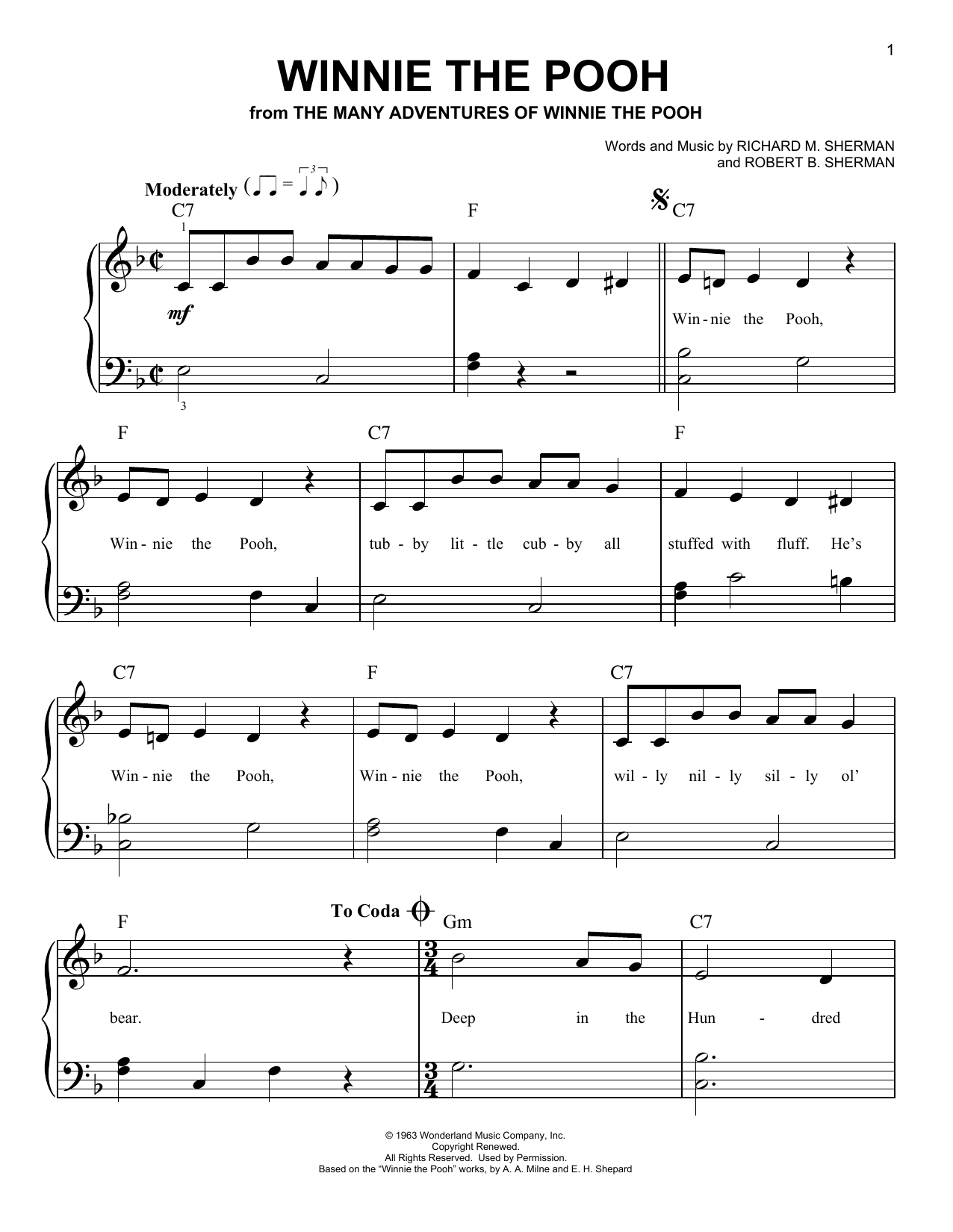 Sherman Brothers Winnie The Pooh Sheet Music Notes & Chords for SPREP - Download or Print PDF