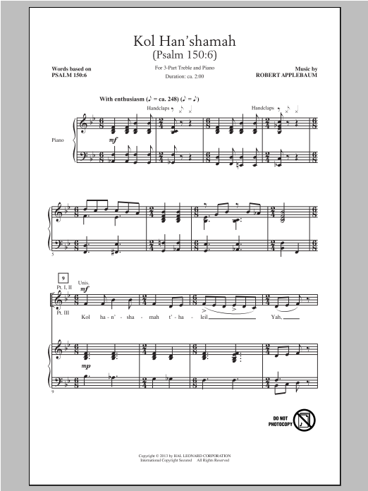 Robert Applebaum Kol Han'shamah Sheet Music Notes & Chords for 3-Part Treble - Download or Print PDF