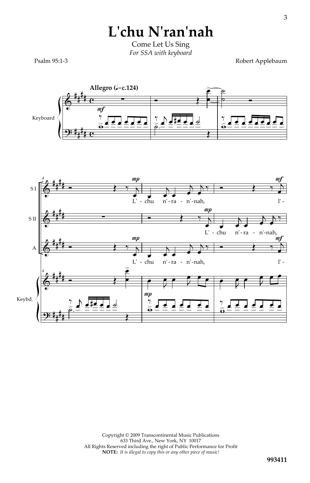 Robert Applebaum L'Chu N'Ran'Nah (Psalm 95: 1-3) Sheet Music Notes & Chords for SSA - Download or Print PDF