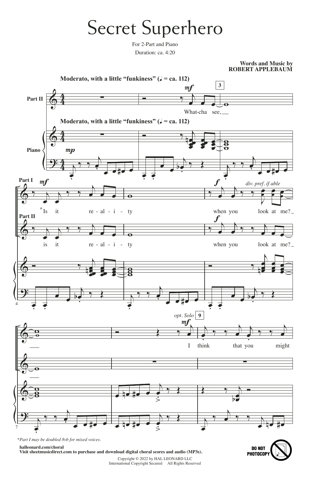 Robert Applebaum Secret Superhero Sheet Music Notes & Chords for 2-Part Choir - Download or Print PDF