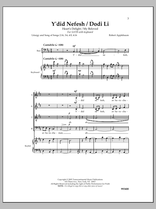 Robert Applebaum Y'did Nefesh/Dodi Li Sheet Music Notes & Chords for Choral - Download or Print PDF