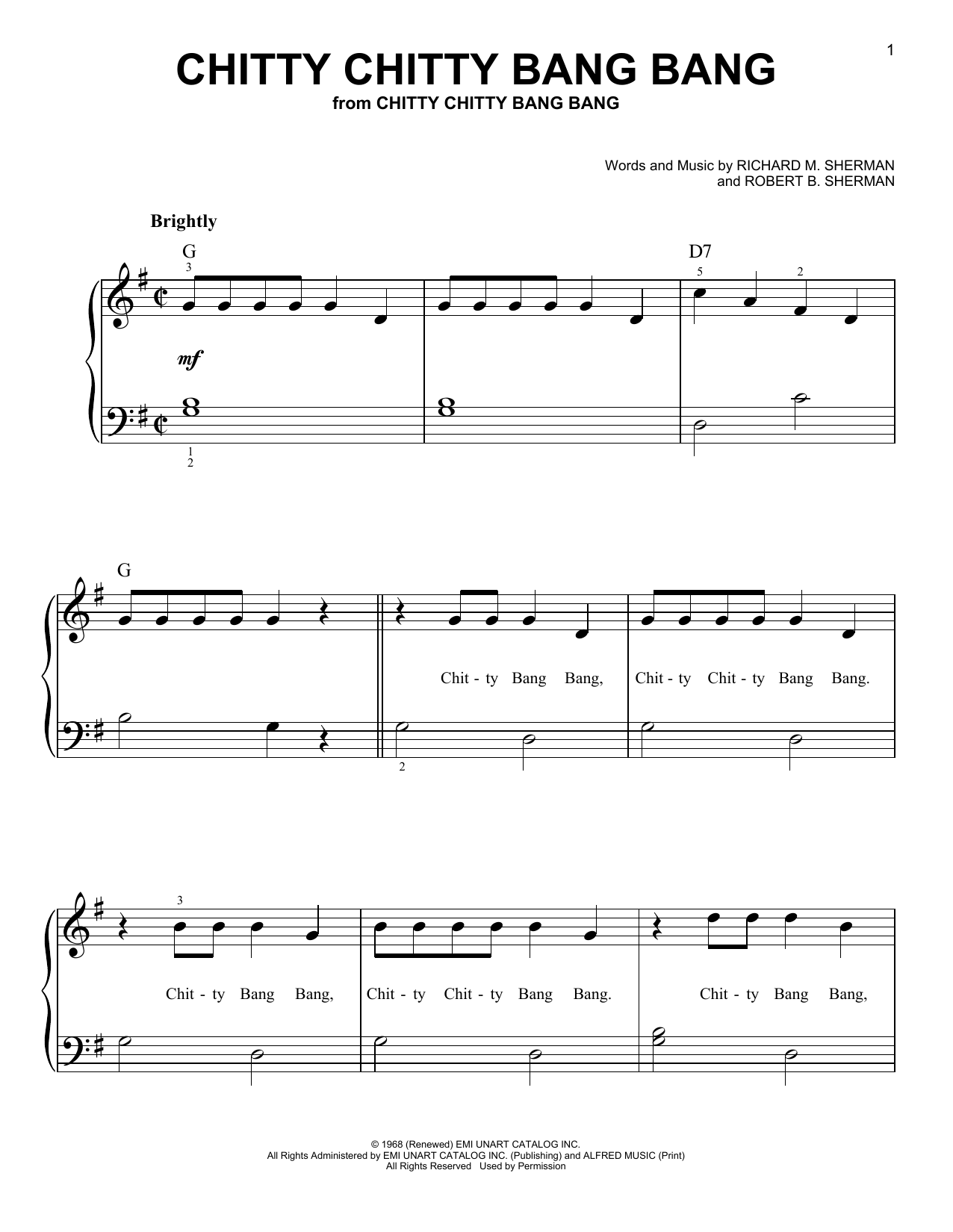 Robert B. Sherman Chitty Chitty Bang Bang Sheet Music Notes & Chords for Easy Piano - Download or Print PDF