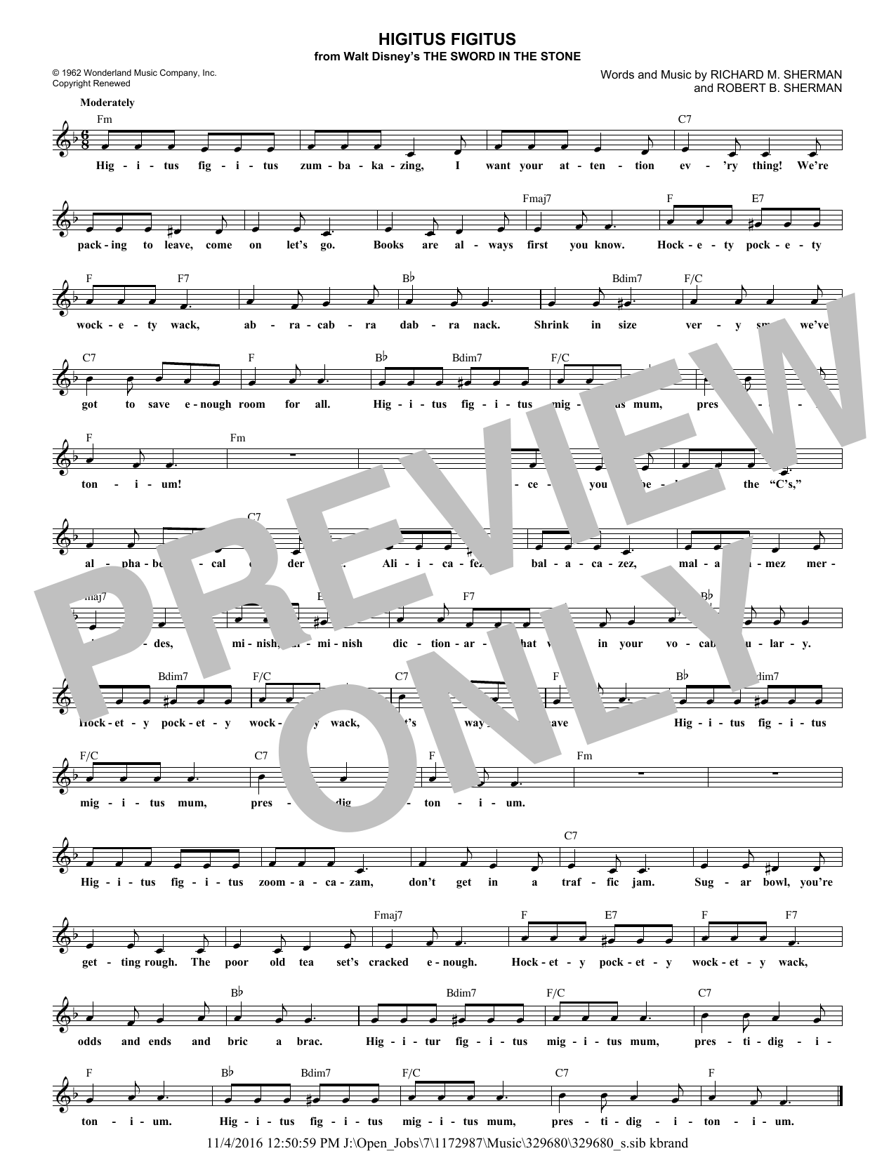 Robert B. Sherman Higitus Figitus Sheet Music Notes & Chords for Melody Line, Lyrics & Chords - Download or Print PDF